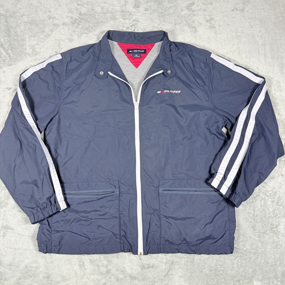 Vintage Tommy Hilfiger Mens XL Windbreaker Jacket Navy Blue Athletics Striped